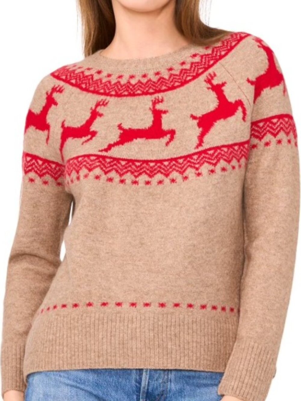 Vince Camuto Women's Holiday Sweater LARGE Brown Reindeer